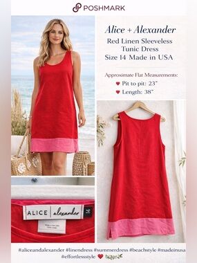 Alice + Alexander Red Linen Sleeveless Tunic Dress Size 14 Made in USA